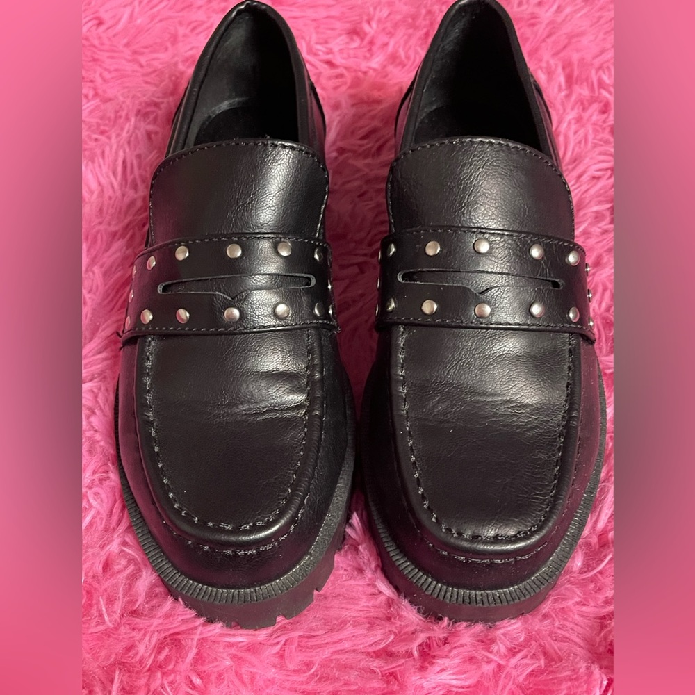 Women’s Black Leather Loafers with Studded Strap
